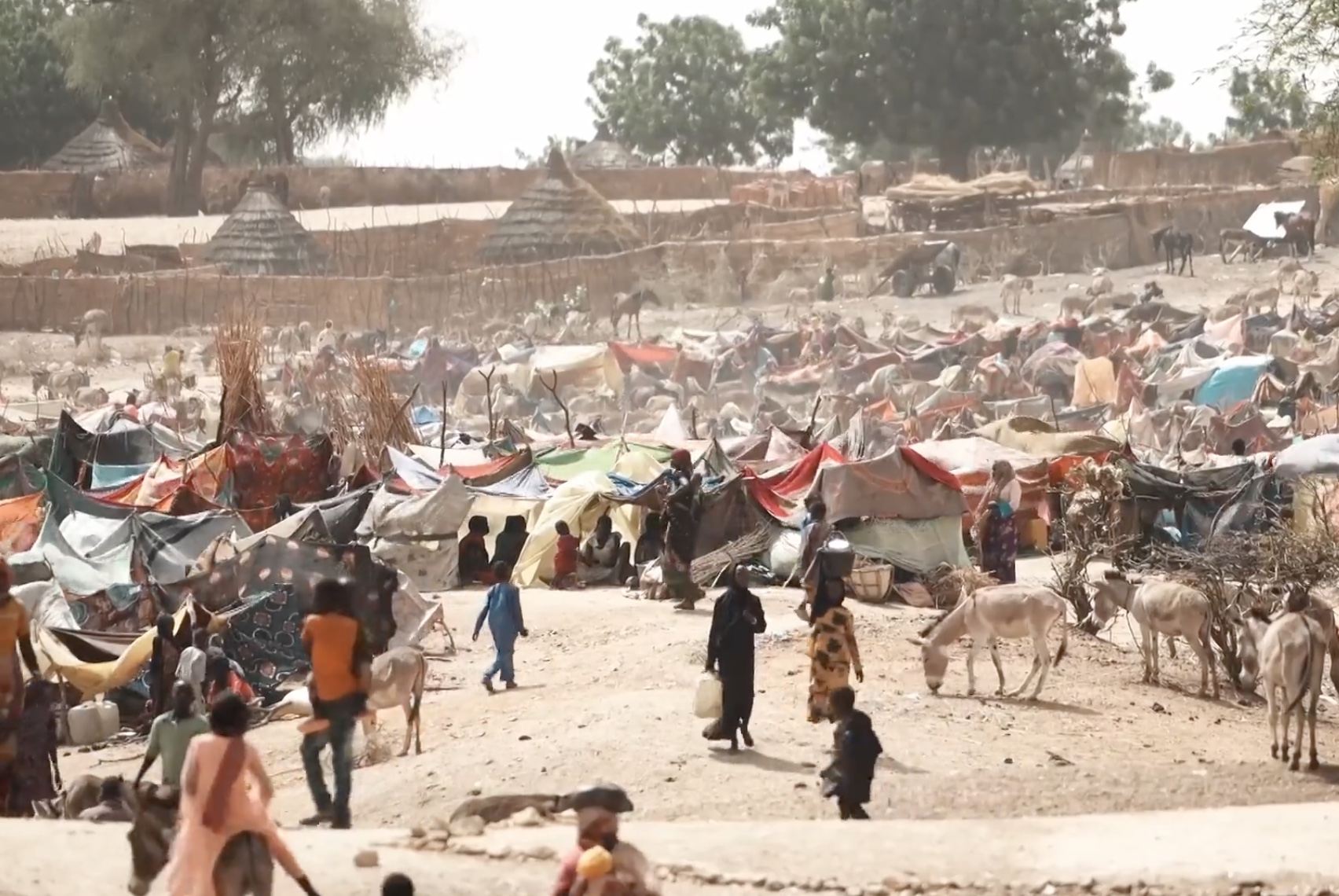 Sudanese refugee camp showing displaced families in temporary shelters